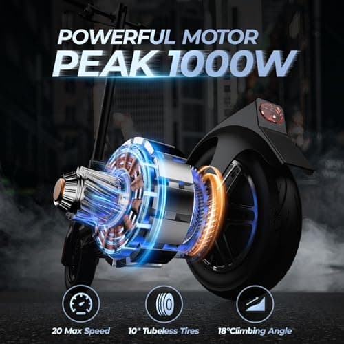 Heropick Electric Scooter for Adults, 1000W Peak Motor, Max Speed 20 Mph, 40 Max Miles Range, 10" Tubeless Tires, Folding E-Scooter with Shock Absorber, APP Control, Bell, Turn Lights - Thumbnail 2