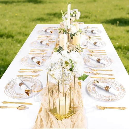 GATHER 350PCS White and Gold Plastic Plates - Gold Disposable Dinnerware Set Include 50 Dinner Plates, 50 Dessert Plates, 150 Gold Plastic Silverware, 50 Napkins, 50 Cups for Wedding & Party - Thumbnail 3