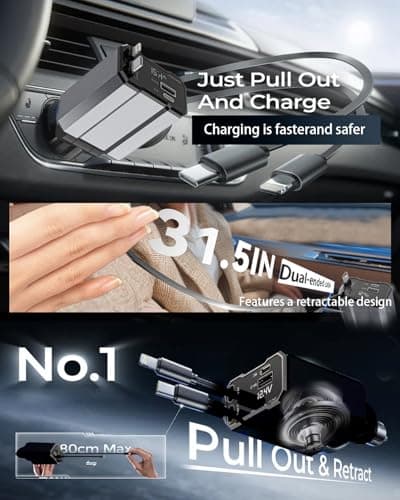Retractable Car Charger, 4 in 1 Fast Car Charging USB c,Road Trip Essentials,Travel Essentials Gifts for Women Men, Car Accessories for iPhone 16 15 14 13 12, for Samsung, Black - Thumbnail 4