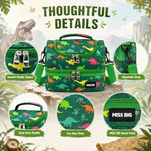 MISS BIG® Kids Lunch Bag for Boys, Dinosaur Insulated Lunch Bag with Two-Tier Storage, Adjustable Shoulder Strap, Lunch Box Bag for Kids, School, Daycare, Picnic, and Travel - Thumbnail 6