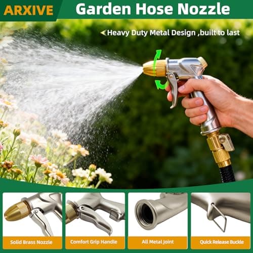 ARXIVE Garden Hose Nozzle Hand Sprayer, Heavy Duty High Pressure 100% Metal with 4 Adjustable Spray Patterns for Watering Lawn, Garden, Car Washing,Pets & Windows - Thumbnail 2