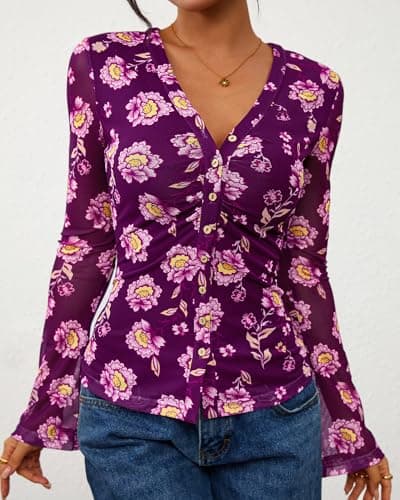 BTFBM Button Down Shirts for Women 2026 Spring Boho Tops V Neck Long Sleeve Blouses Ruched Mesh Fitted Fashion Clothing(Purple, Large) - Thumbnail 5
