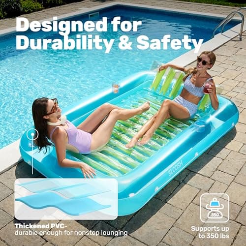 SLOOSH Inflatable Tanning Pool Lounger Float, 85" x 57" Extra Large Pool Floats Adult with Pillow, 4 in 1 Suntan Tub Raft Floatie,Sunbathing Bed Lounge for Water Blow Up Ball Pit, XL-Blue Green - Thumbnail 5