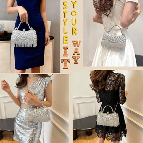 LUKLUKTAISUN 2026 Fringe Rhinestones Clutch Purse for Women Elegant Mesh Evening Bag Crystal Handbag for Prom Wedding(Silver) - Thumbnail 4