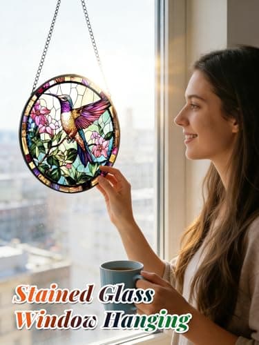 Stained Glass Window Hanging, Hummingbird Suncatcher for Door Home Decor, Birds Flowers Sun Catcher Ornament Mother's Day Birthday Gifts for Bird Lovers Women Men Mom 6.3 in - Thumbnail 2