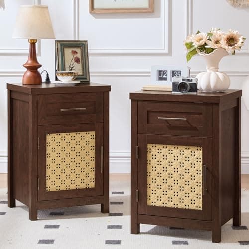 YUFAM Small Nightstand Set of 2 - Boho Rattan Night Stand with Type-C Charging Station for Bedroom, Nightstands w/Drawer for Small Space, Wood Bedside Table w/Adjustable Storage Shelf, Walnut