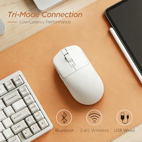 RK ROYAL KLUDGE RK MO3 Wireless Gaming Mouse, 48g Lightweight Computer Mouse, Bluetooth/2.4G/Wired Rechargeable PC Game Mice with Programmable Buttons and Silent Clicks, 6000 DPI for Laptop/Mac, White - Thumbnail 3