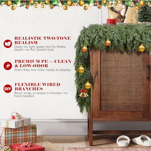9FT Thick Christmas Garland with 240 Cedar Branches, Real Touch Green Cedar Garland for Christmas Decorations, Artificial Greenery Garland for Table, Mantle, Wall, Indoor, Outdoor Holiday Decor - Thumbnail 4
