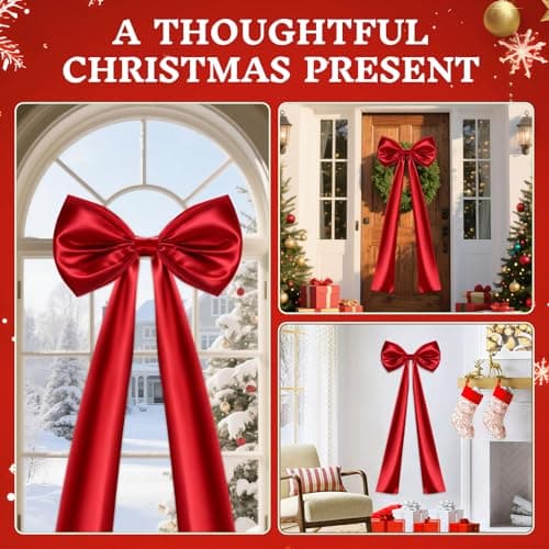 Christmas Tree Topper Bow, 23.6 x 87 Inch Giant Christmas Tree Toppers Satin Bows Christmas Decorations, Christmas Wreath Bows for Home Party Wedding Car Holiday Decor Supplies (47 Inch Red Bow) - Thumbnail 4