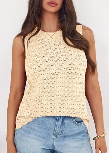 KIRUNDO Crochet Tops for Women 2026 Spring Summer Sleeveless Sweater Vest Tank Top Knit Pullover Beach Vacation Outfits (Beige, Medium) - Thumbnail 3