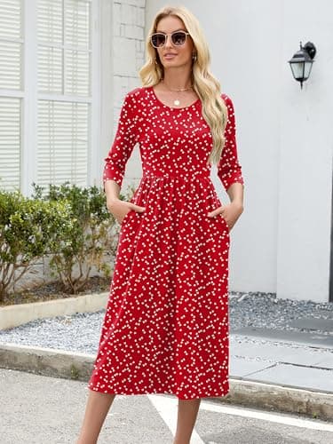 Heymoments Midi Dress for Women Floral XX-Large Crewneck 3/4 Sleeves Wedding Guest A line Casual Flowy Swing Party Vintage Spring Fall Winter Travel 2026 Long Dresses with Pocket - Thumbnail 3