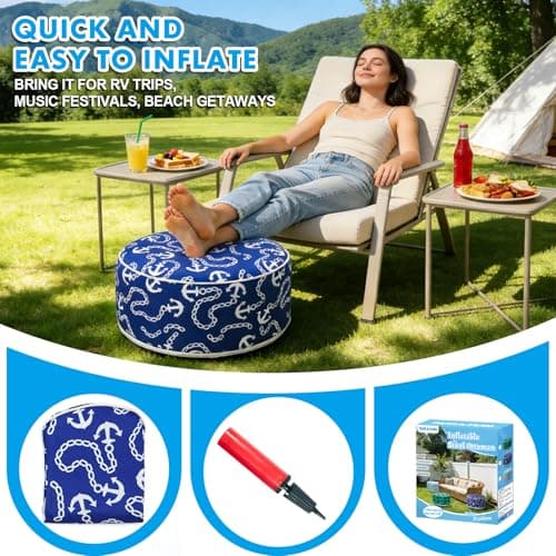 AURASUN Inflatable Outdoor Ottoman Pouf - Portable Footstool with Handle D20” x H10” - Air Pump Included for Outdoor Indoor Use - Comfortable Foot Rest or Seating for Camping or Pool (Navy Blue) - Thumbnail 4