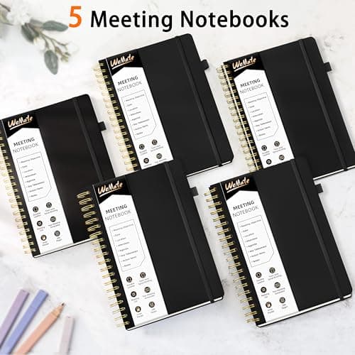 WEMATE 5 Pack Meeting Notebooks for Work（7"x10"） 200 Pages, PU Leather Notebook with Action Items & Note, For Staff & Students, Meeting, Projects Planning - All Black Set - Thumbnail 4