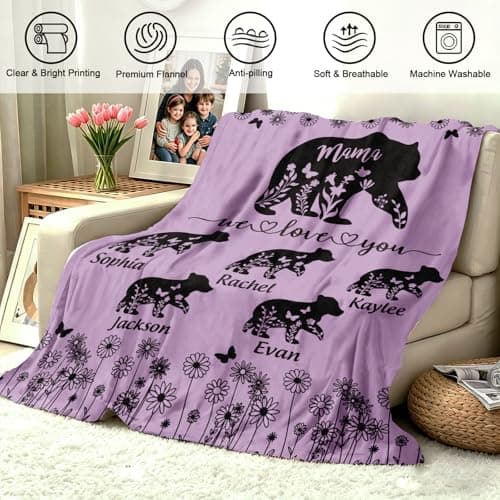 KUKULIKI Mothers Day Personalized Gifts for Mom, Custom Blanket with Name and Birth Month Flowers, Personalized Blankets for Adults, Customized Throw Blanket Birthday Gifts for Women (07-mom Blanket) - Thumbnail 3