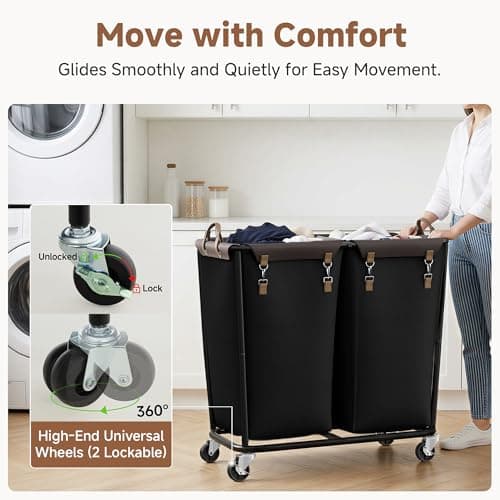 StorageWorks 390L Extra Large Laundry Hamper with Wheels, Laundry Basket with Wheels 2 Sections, Clothes Sorter Cart with Divider for Hotel, Home, Black, 1-Pack - Thumbnail 3