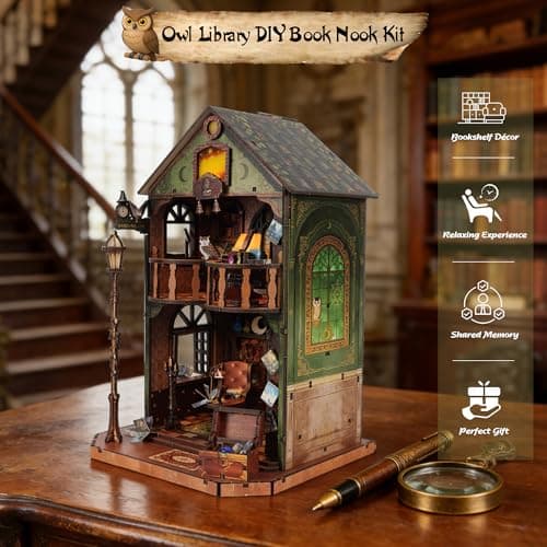 Soothee DIY Book Nook Kit | Miniature House Kit with LED Lights | 3D Wooden Puzzles for Adults & Teens | Creative Model Building Kit | Unique Bookshelf Decor & Gift for Craft Lovers | Owl Library - Thumbnail 2