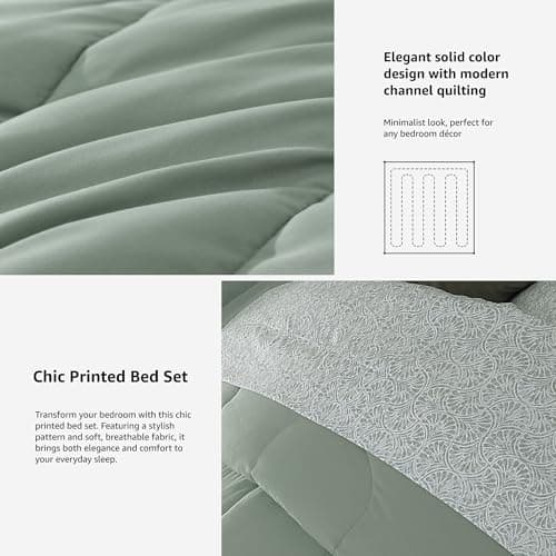 Monbix Full Comforter Set - 7 Pieces Sage Green Bed in a Bag Full Size Track Stitching Bedding Sets, All Seasons Comforter with Sheets,Pillowcases & Shams - Thumbnail 5