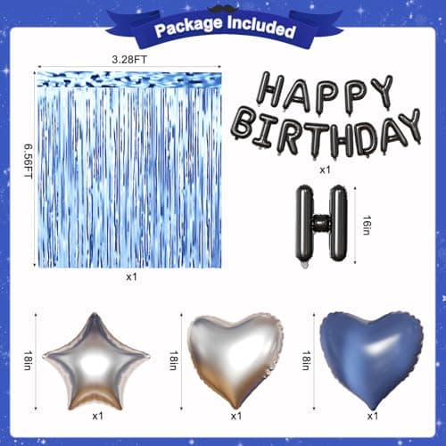 Navy Blue and Black Birthday Decorations for Men, Metallic Navy Blue Black Silver Foil Confetti Balloons Happy Birthday Banner Fringe Curtains Birthday Decorations for Boy Girls Women Men - Thumbnail 3