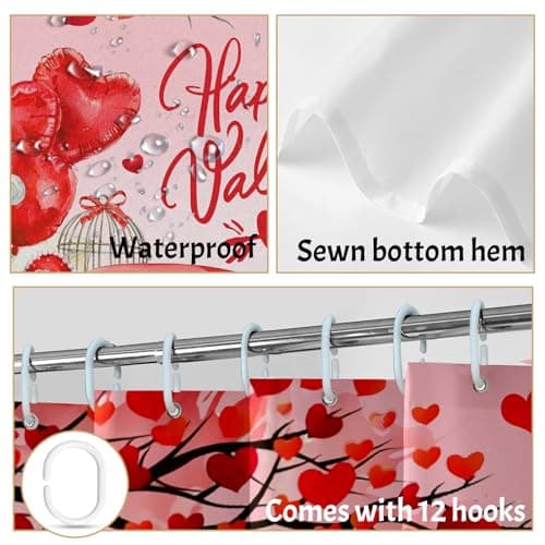 Lutto Valentines Day Bathroom Set, Red Polyester Shower Curtain with 72x72 Inch Size, Includes 12 Hooks and Anti-Slip Bath Mat, Modern Valentines Day Decor for Bathroom - Thumbnail 4