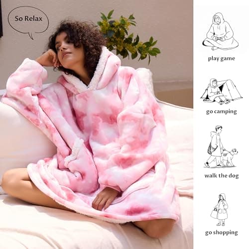 Kipswiza Wearable Blanket Hoodie - Oversized Soft Cozy Sherpa Fleece Hooded Blankets Sweatshirt as Gifts for Women Mother Daughter Girlfriend, Pink Tie Dye - Thumbnail 3