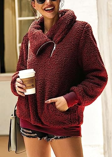 KIRUNDO Winter Clothing for Women Sherpa Pullover Fleece Zip Sweatshirt 2026 Fall Fashion Fuzzy Faux Shearling Warm Outwear(Large, Wine Red) - Thumbnail 2