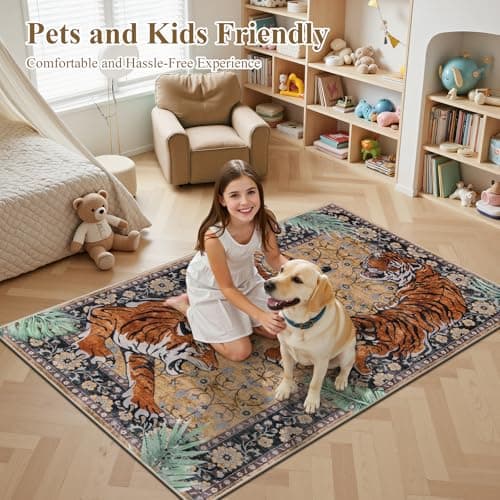 Ileading Vintage Oriental Tropical Jungle Hippie Tiger Area Rug 3x5 Non Slip Carpet for Living Room Brown Soft Low-Pile Thin Machine Washable Accent Floor Mat for Bedroom Dining Room - Thumbnail 2