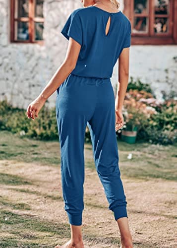 KIRUNDO Jumpsuits for Women Summer 2026 Casual Short Sleeve One Piece Outfits Drawstring Waist Long Pants Romper Jumpers(Dark Blue, X-Large) - Thumbnail 6