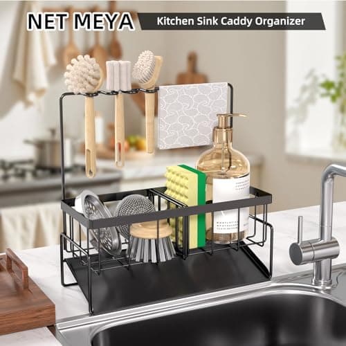NAT MEYA Sponge Holder for Kitchen Sink,Stainless Steel Sink Caddy With Brush Holder and Dishcloth Holder,Sink Oragnizer Kitchen Countertop Dish Soap Dispenser Set,Multifunctional Sink Organizer Caddy - Thumbnail 4