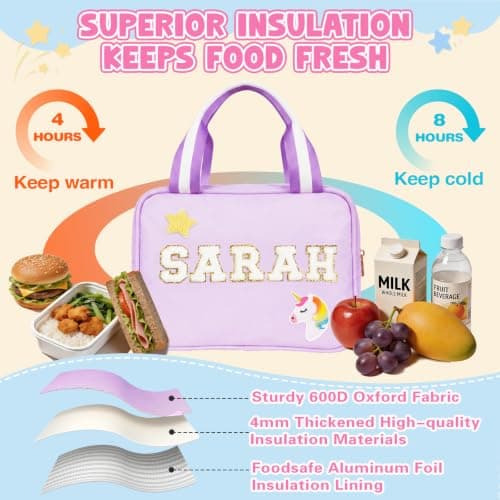 Individz Custom Insulated Lunch Bag Box for Girls Boys, Nylon Lunch Box with Name, Personalized Preppy Portable Lunch Boxes, Back to School Gifts for School Office Picnic Party Travel (Lunch-Purple) - Thumbnail 6