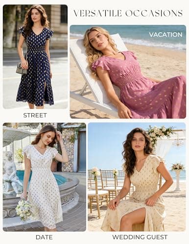 GRACE KARIN 2026 Womens Summer Dresses V Neck Ruffle Sleeve Floral Boho Beach A-Line Dress Light Brick Red-Gold Dots Medium - Thumbnail 5