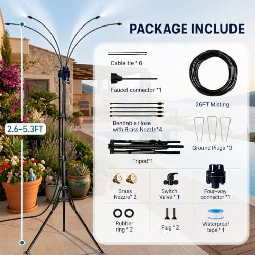 Upgraded Standing Misters for Outside Patio, 6FT Height Adjustable Outdoor Misting System, Portable Cooling Mister with Tripod, Brass Nozzles & 26FT Hose, Sprinkler for Tanning Backyard, Garden, Pets - Thumbnail 5