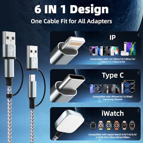 Travel Essentials 3 in 2 Charging Cable for Apple iWatch Charger (2Packs 5FT), UB-A/USB-C Multi Charging Cable/Cord for All Devices Compatible for iWatch Ultra/SE/10-1, iPhone16 15 14, Android, More - Thumbnail 4