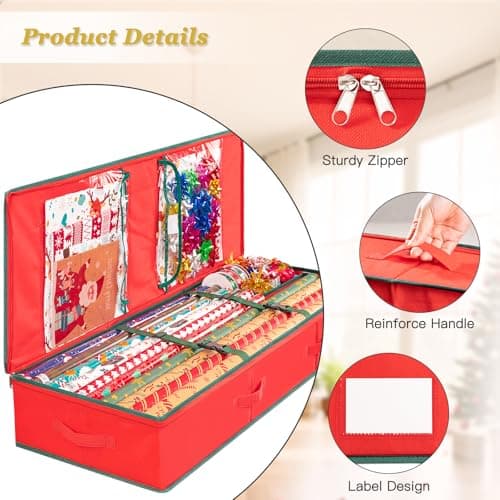 Criusia Gift Wrapping Paper Organizer Storage, Durable Underbed Storage Container Fits 24 Rolls, with Removable Dividers and Pockets for Ribbon, Ornaments, Holiday Accessories, Red - Thumbnail 5