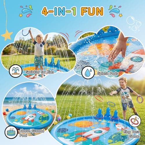 Peradix Toddler Splash Pad for Kids, 67" Sprinkler Mat with Ring Toss Game, Kids Summer Toys for Boys Girls & Family, Baby Splash Pad for Outside Backyard Garden Lawn Water Games, 6 Plastic Rings - Thumbnail 3
