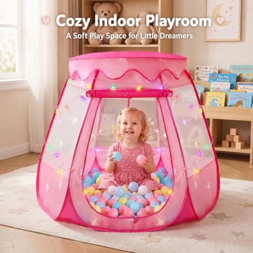Pop Up Princess Tent with Colorful Star Lights for 1 2 3 Year Old Birthday Gift, 12-18 Months Baby Girl Toys, Foldable Ball Pit with Carrying Bag, Indoor&Outdoor Play Tent for Kids - Thumbnail 5