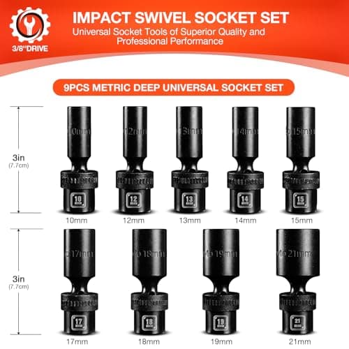 BLACKROBOT 3/8" Drive Deep Impact Swivel Socket Set, 9-Piece Flexible Wobble Socket, Metric 10-21mm, 6-Point CR-MO Steel, With Heavy Duty Storage Case - Thumbnail 2