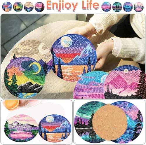 ijbnhd Sunsets Diamond Painting Coasters Kits, 8 Pieces Sunsets Diamond Art Coasters with Holder, DIY Art kit for Beginners 4X4inch (Cork Wooden Pad) - Thumbnail 2
