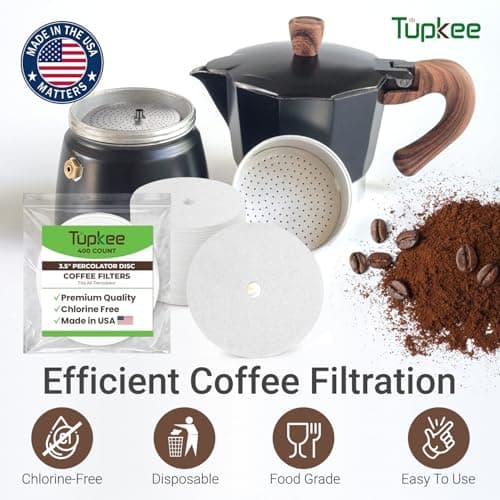 Tupkee 3.5" Percolator Coffee Filters – Flat Disc Round Coffee Filters with Center Hole - 400 Count | Fits All Percolator Coffee Pots - White, Chlorine-Free - Made in the USA - Thumbnail 3