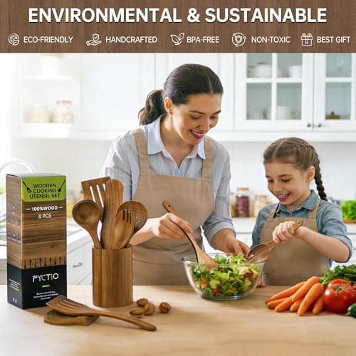 8 PCS Wooden Utensil Set with Holder, Spoon Rest, Durable Wooden Spoons for Cooking, Heat-Resistant, Comfort Grip,Easy to Clean, Non-stick Friendly, Ideal for Gifting - Thumbnail 6