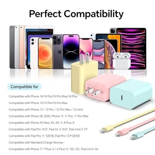 AWIC Compatible with iPhone,USB C to ightning Cable 3Pack 10FT Long Phone Cables,Type C Phone Charger Cord Fast Charging for Phone 14 13 12 11 Pro Max X XS XR 8 7 6s Plus SE and More-YellowBluePink - Thumbnail 6