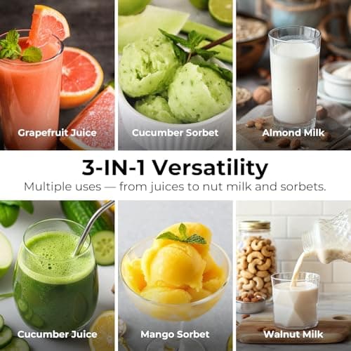 EanOruus Juicer Machines, 3-in-1 Cold Press Juicer with 6.5" Extra Large Chute, 100oz Large Capacity, AC Motor, Makes Juice, Nut Milk & Sorbet, Premium Gray - Thumbnail 3