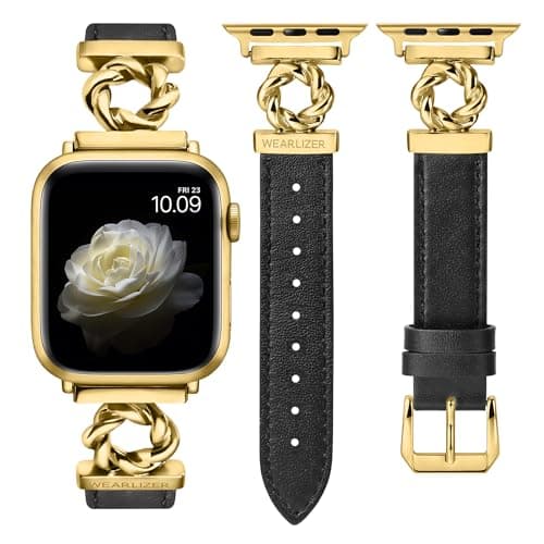 Wearlizer Leather Band Compatible with Apple Watch Bands Women 42/44/45/46/49mm, Dressy Fancy Camellia Flowers Buckle Strap for iWatch iWatch Series 11 10 9 8 7 6 5 4 3 SE/Ultra 3 2 1-Black/Gold - Image 1