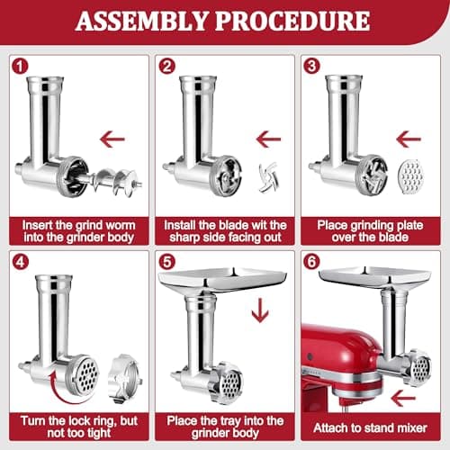Premium Metal Food Grinder Attachment for KitchenAid Stand Mixers, Precision Meat Grinder & Sausage Stuffer Tubes Kit with Abundant Accessories, Food-Safe Alloy Mixer Attachments (Hand Wash Only) - Thumbnail 4