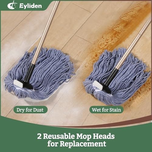 Eyliden String Mop, Wet & Dry Cotton Mop | Non-Touch Replacement, 2 Reusable Heads, 4 Scouring Pads, Adjustable Handle, Home Commercial Floor Cleaning Tools for Any Surfaces (Blue) - Thumbnail 4