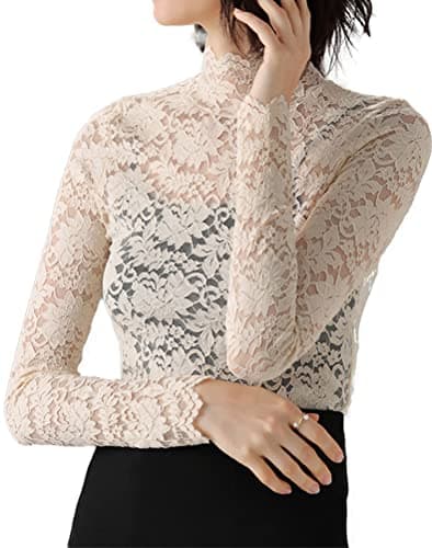 QiuDumo Women's Retro Lace Tops Sheer Casual Bodycon Blouse Boho Jumper Shirts Plu Apricot XXXL - Image 1