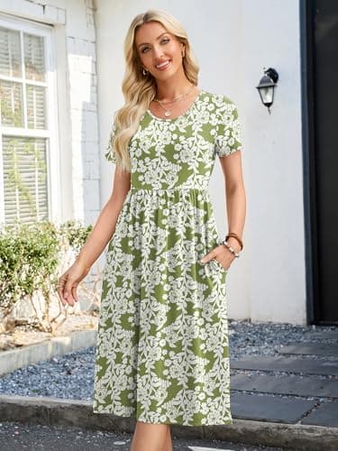 Heymoments Women Dress Green Roses Medium Wedding Guest Crewneck Short Sleeves A line Casual Flowy Swing Cocktail Slimming Birthday Party Summer Travel Long Midi Dresses with Pocket - Thumbnail 2