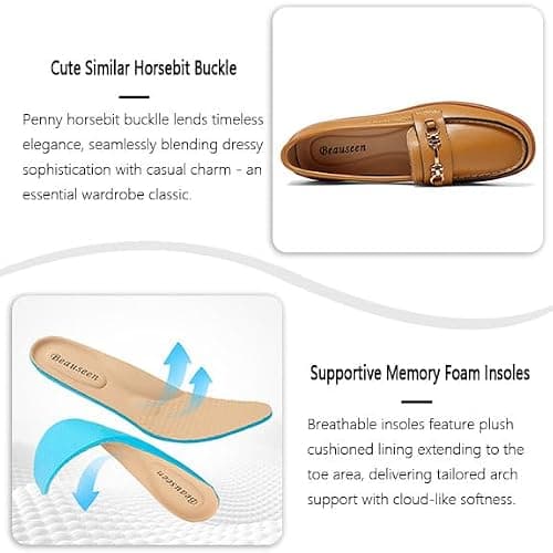 BEAUSEEN Women's Metal Chain Penny Loafer with Classic Lightweight Flat Shoes for Working and Driving Brown,6 US - Thumbnail 5