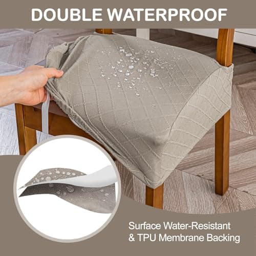 Genina Waterproof Seat Covers for Chairs,Set of 4 Dining Room Chair Seat Covers for Kitchen,Stretch Jacquard Removable Washable Dining Chair Slipcovers Protectors,No Rear Covers, Taupe - Thumbnail 3