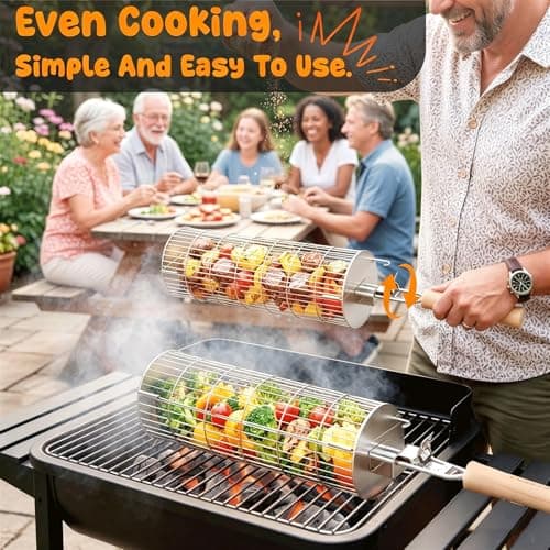 TNTOR Rolling Grill Basket, Larger 304 Stainless Steel Nesting Grilling Net, Removable Handle, BBQ Accessories Tools for Veg Shrimp, Outdoor Cooking Camping grilling gifts for men Dad Husband - Thumbnail 6