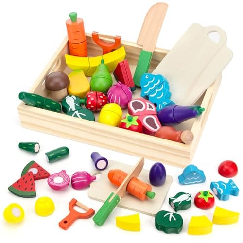 GOPLACS Wooden Play Food Sets for Kids Kitchen - Cutting Fruits and Veggies Toddler Toys Pretend Food Play Kitchen Accessories Montessori Educational Toys Gifts for Kids Boys Girls 3+ - Image 1